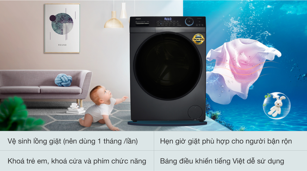 Máy giặt Aqua Inverter 10 kg AQD- D1002G BK - Tiện ích đa dạng